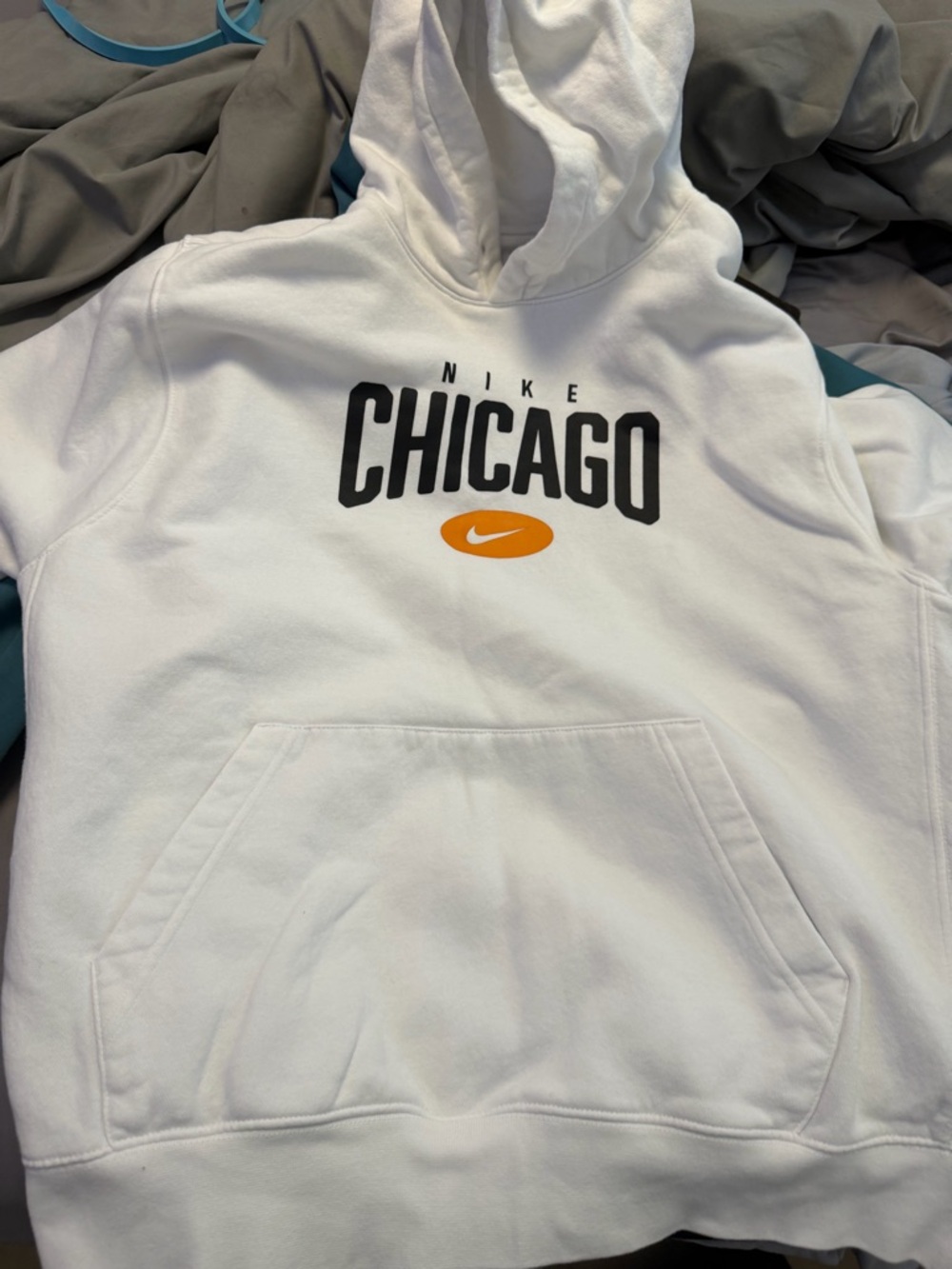 Nike White Hoodie with Black Chicago Print and Orange Swoosh